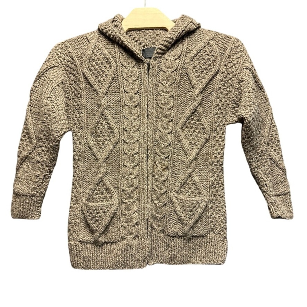 Native American Hand Made in Ecuador 100% Wool Cable Knit Zip Hoodie Sweater